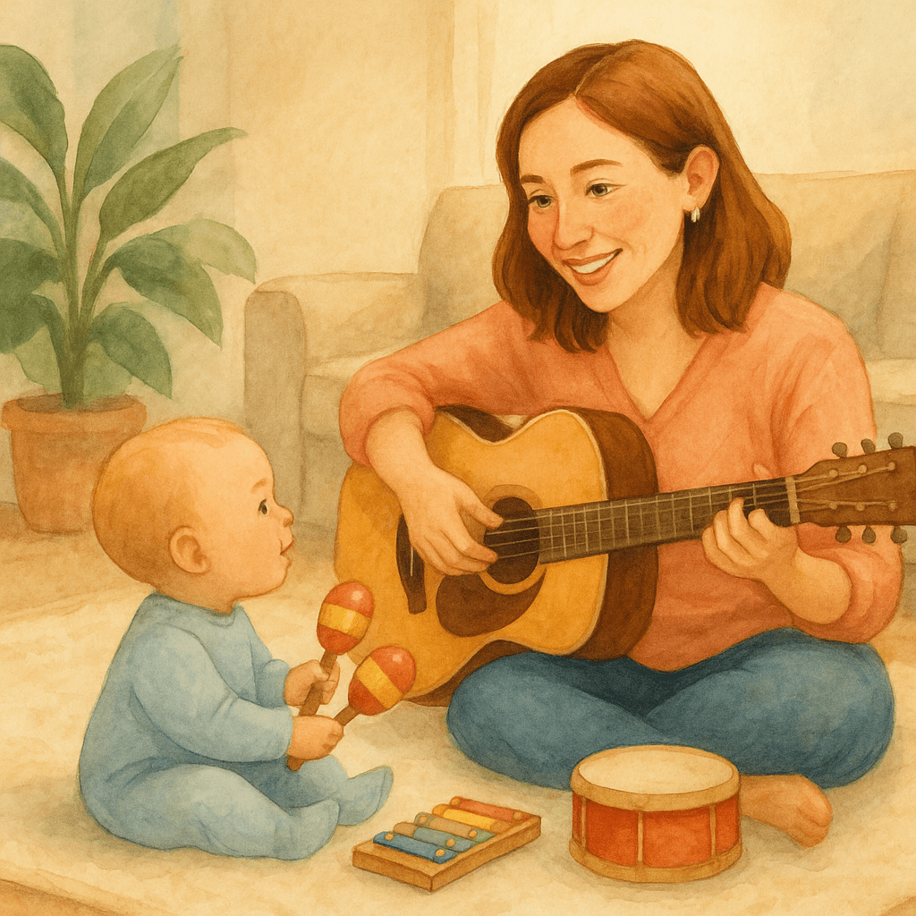 Beatriz with guitar teaching music to a baby